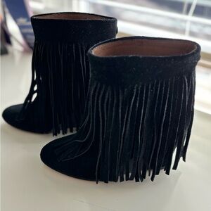 KOOLABURRA BY UGG Black Suede Valeta Fringe Wedge Booties Size 6